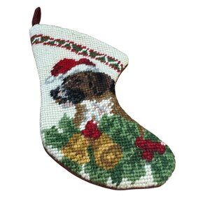 Needlepoint mini Dog Stocking With Santa Hat & Holiday Design